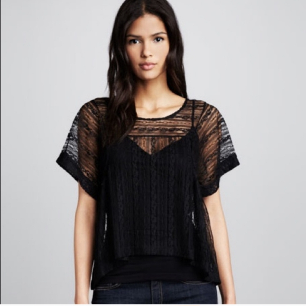Free People Lace Boxy Sheer Short Sleeve Top in Black